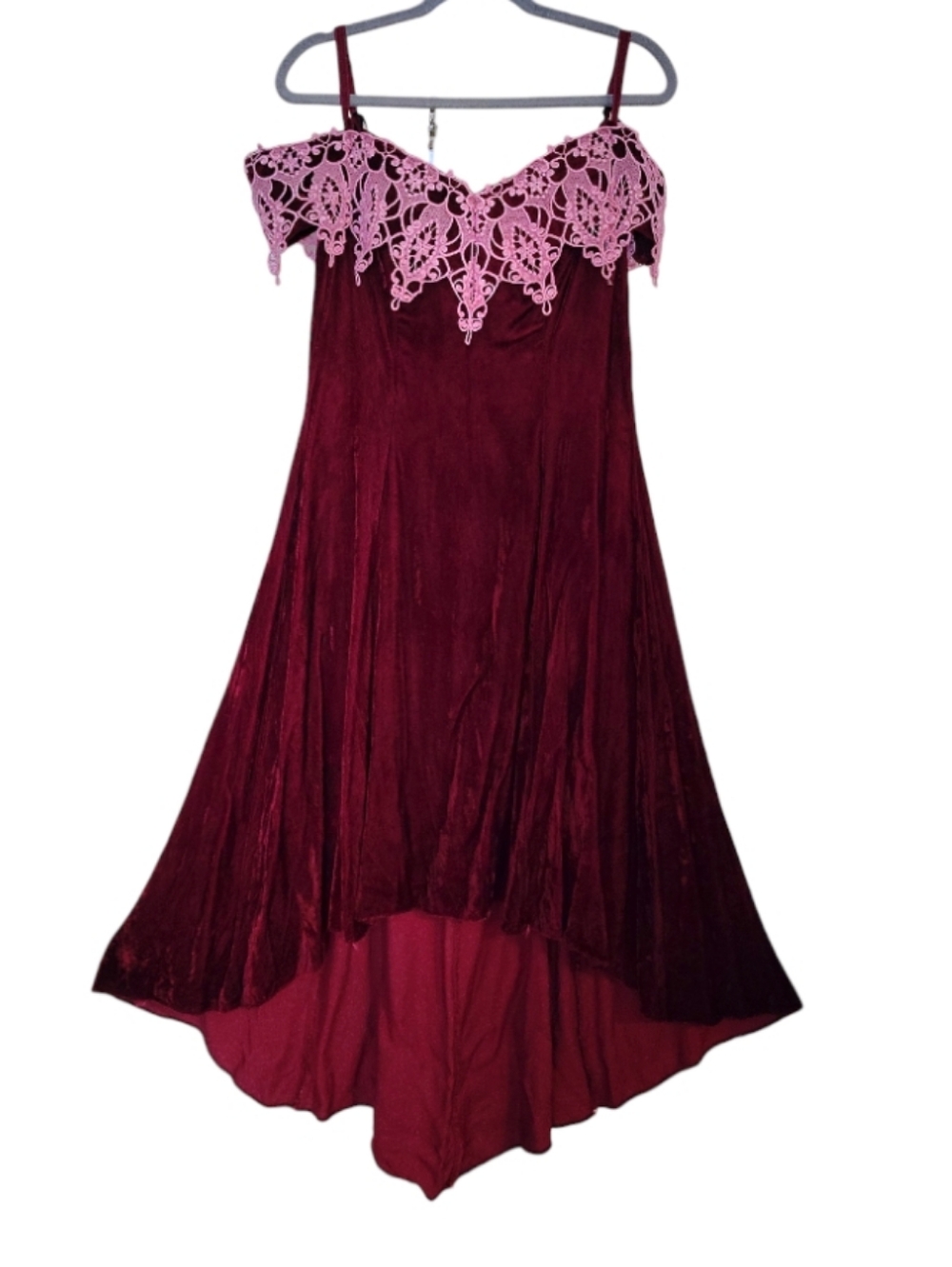 VTG 80s Burgundy Velvet Pink Brocade High Low Midi Prom Dress SZ 15/ 16 - Picture 4 of 13